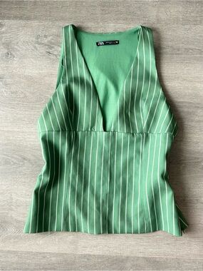 Zara Green Striped V-Neck Sleeveless Top with side zipper
